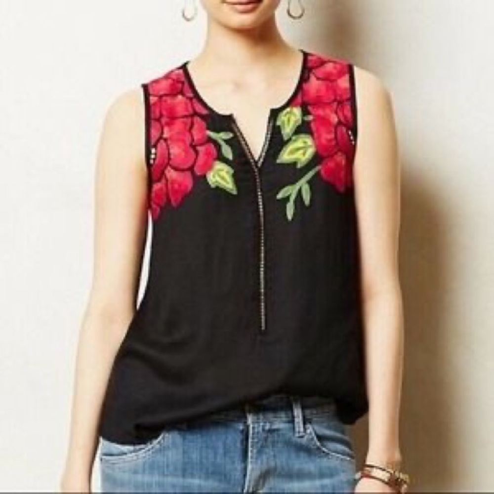 Anthro Floreat Embroidered Sleeveless Split Neck Top - Picture 5 of 8